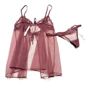 Victoria Secret Lingerie Babydoll Lace Open Front Set NWT Sexy Coquette Mauve M